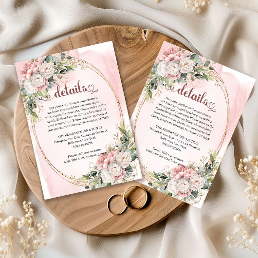 Pastel Pink Flowers Greenery Wedding Details Card  Begleitkarte