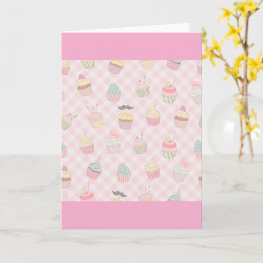 Pastel Pink Gingham Cute Cupcakes Pattern Karte (Gelbe Blume)