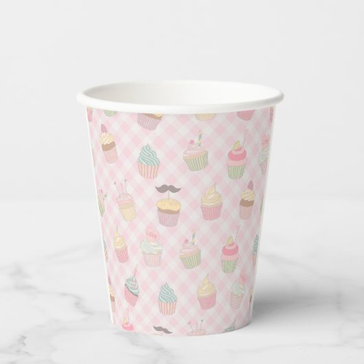 Pastel Pink Gingham Cute Cupcakes Pattern Pappbecher (Vorderseite)