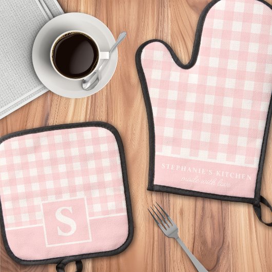 Pastel Pink Gingham Kariert Checked Mit Monogramm Ofenhandschuh & Topflappen-Set