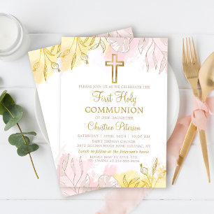 Pastel Pink Gold Floral Erste Heilige Kommune Einladung