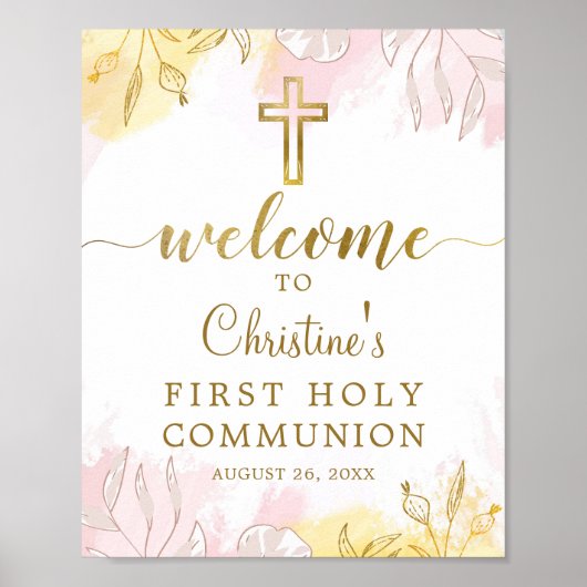 Pastel Pink Gold Floral Erste Kommune Willkommen Poster (Vorne)