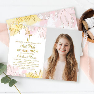 Pastel Pink Gold Floral Erster Kommunion Foto Einladung