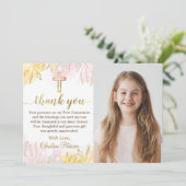 Pastel Pink Gold Floral First CommunityFoto Dankeskarte (Stehend Vorderseite)