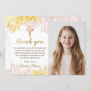 Pastel Pink Gold Floral First CommunityFoto Dankeskarte