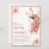 Pastel Pink Gold Floral Indian Peacock Wedding Einladung (Vorderseite)