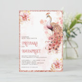 Pastel Pink Gold Floral Indian Peacock Wedding Einladung (Stehend Vorderseite)
