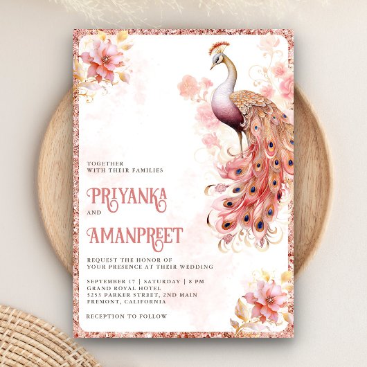 Pastel Pink Gold Floral Indian Peacock Wedding Einladung
