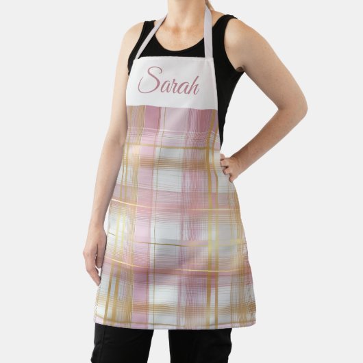 Pastel Pink & Gold Plaid Custom Name Kitchen Apron Schürze (InSitu)