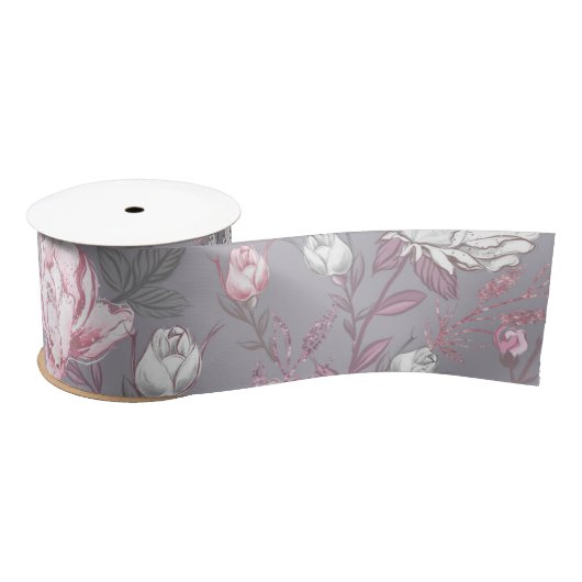 PASTEL PINK & GRAU BLUME SATINBAND (Spule)