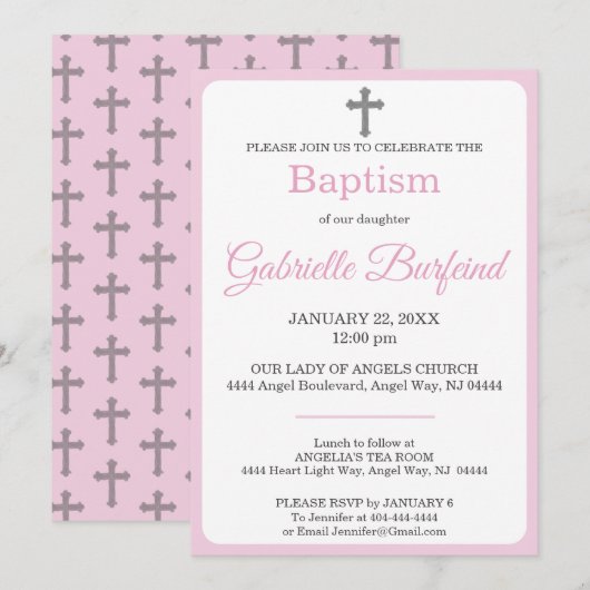Pastel Pink & Gray Cross Watercolor Baptism Einladung (Vorne/Hinten)