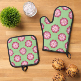 Pastel Pink Green Asian Medallion Floral Ofenhandschuh & Topflappen-Set