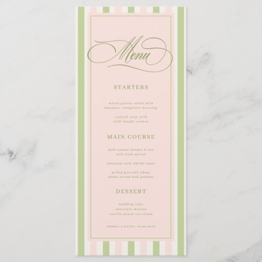 Pastel Pink & Green Stripes Retro Wedding Menu Menükarte (Vorderseite)