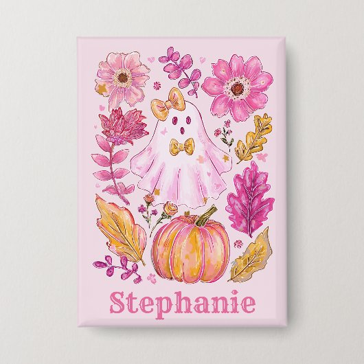 Pastel Pink Halloween Ghost with Custom Name Button (Vorderseite)