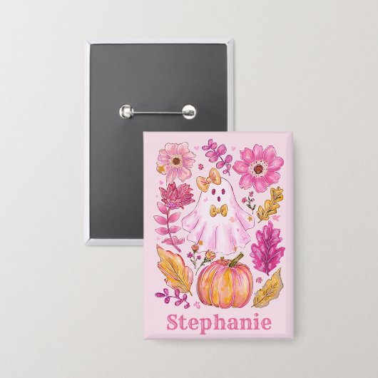 Pastel Pink Halloween Ghost with Custom Name Button (Vorderseite/Rückseite)