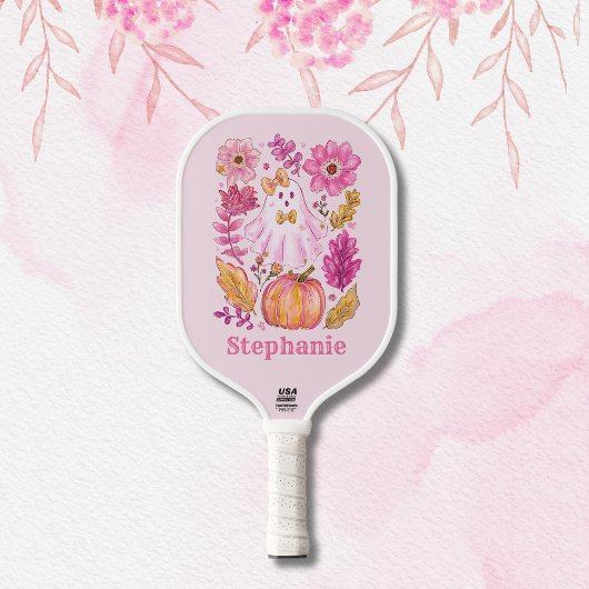 Pastel Pink Halloween Ghost with Custom Name Pickleball Schläger