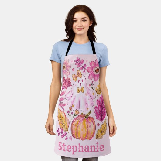Pastel Pink Halloween Ghost with Custom Name Schürze (Getragen)