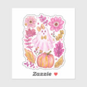 Pastel Pink Halloween Ghost with Flowers and Pumpk Aufkleber (Blatt)