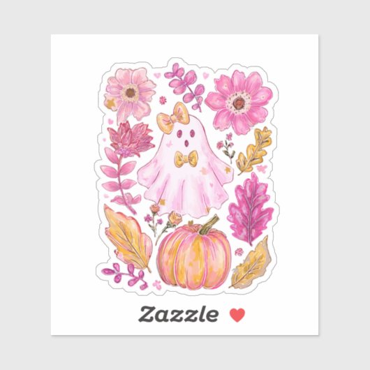 Pastel Pink Halloween Ghost with Flowers and Pumpk Aufkleber (Blatt)