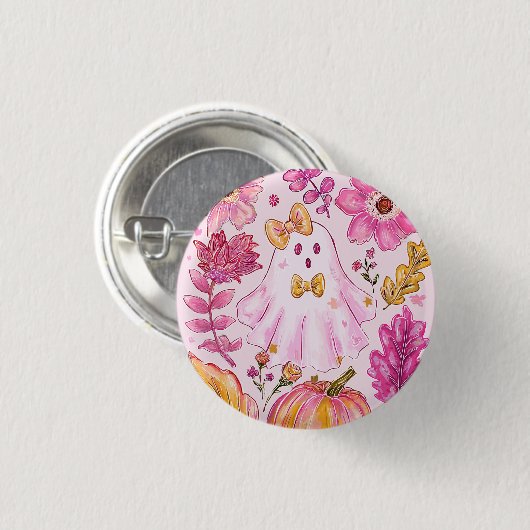 Pastel Pink Halloween Ghost with Flowers and Pumpk Button (Vorne & Hinten)