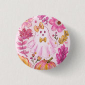 Pastel Pink Halloween Ghost with Flowers and Pumpk Button (Vorderseite)