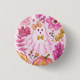 Pastel Pink Halloween Ghost with Flowers and Pumpk Button