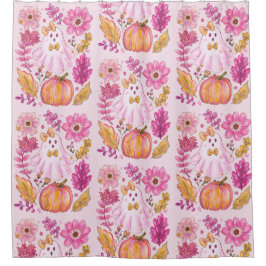 Pastel Pink Halloween Ghost with Flowers and Pumpk Duschvorhang