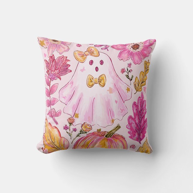 Pastel Pink Halloween Ghost with Flowers and Pumpk Kissen (Vorderseite)