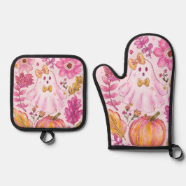 Pastel Pink Halloween Ghost with Flowers and Pumpk Ofenhandschuh & Topflappen-Set