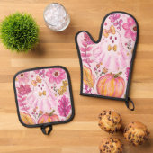 Pastel Pink Halloween Ghost with Flowers and Pumpk Ofenhandschuh & Topflappen-Set (Oben Unten)
