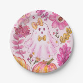 Pastel Pink Halloween Ghost with Flowers and Pumpk Pappteller (Vorderseite)