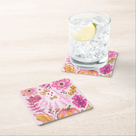 Pastel Pink Halloween Ghost with Flowers and Pumpk Rechteckiger Pappuntersetzer