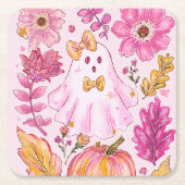 Pastel Pink Halloween Ghost with Flowers and Pumpk Rechteckiger Pappuntersetzer (Vorderseite)