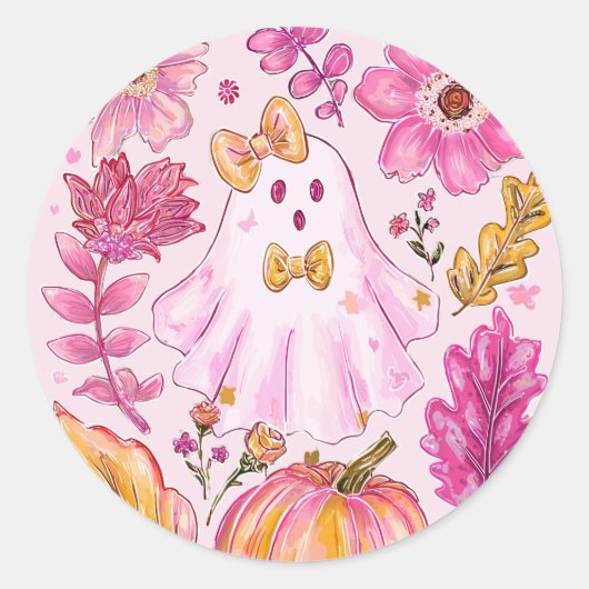Pastel Pink Halloween Ghost with Flowers and Pumpk Runder Aufkleber (Vorderseite)