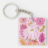 Pastel Pink Halloween Ghost with Flowers and Pumpk Schlüsselanhänger (Vorderseite)