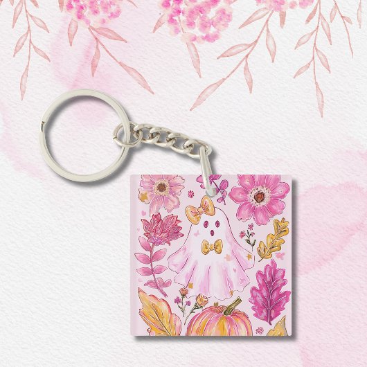 Pastel Pink Halloween Ghost with Flowers and Pumpk Schlüsselanhänger