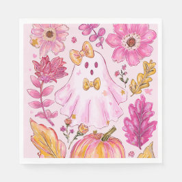 Pastel Pink Halloween Ghost with Flowers and Pumpk Serviette