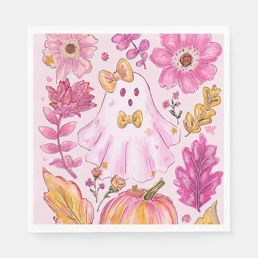 Pastel Pink Halloween Ghost with Flowers and Pumpk Serviette (Vorderseite)