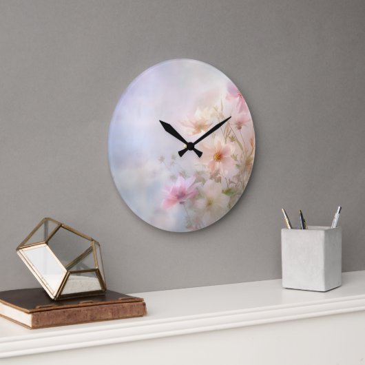 Pastel Pink Hazy Spring Petals Florals von Ava Große Wanduhr (Büro)