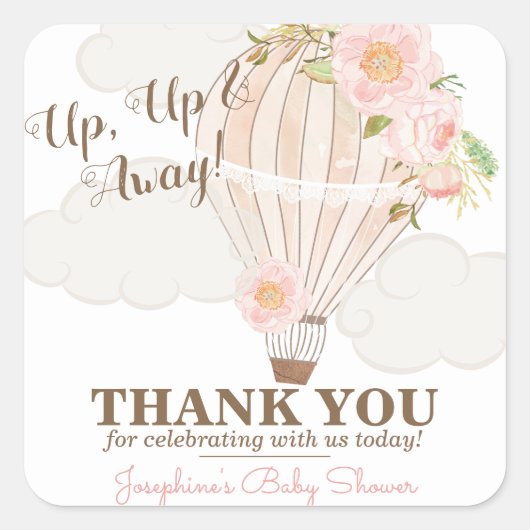 Pastel Pink Hot Air Ballon Girl Baby Shower Gefall Quadratischer Aufkleber (Vorderseite)