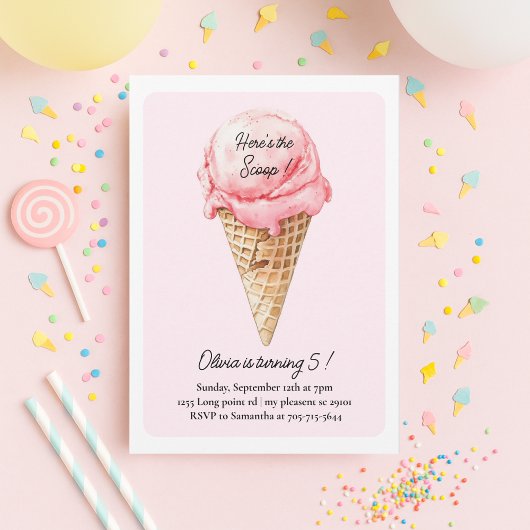 Pastel Pink Ice Cream Cone Birthday Party Einladung