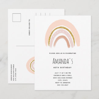 Pastel Pink & Imitate Glitzer Boho Rainbow Birthda Einladungspostkarte