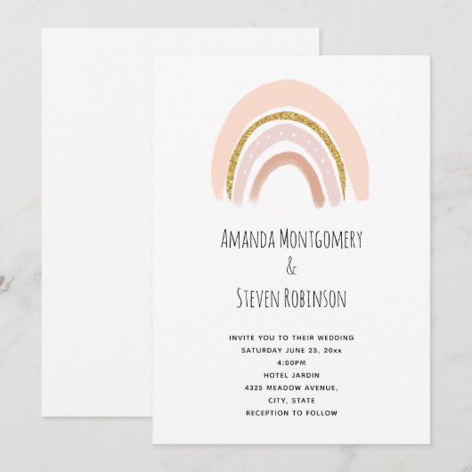 Pastel Pink & Imitate Glitzer Boho Rainbow Wedding Einladung (Vorne/Hinten)