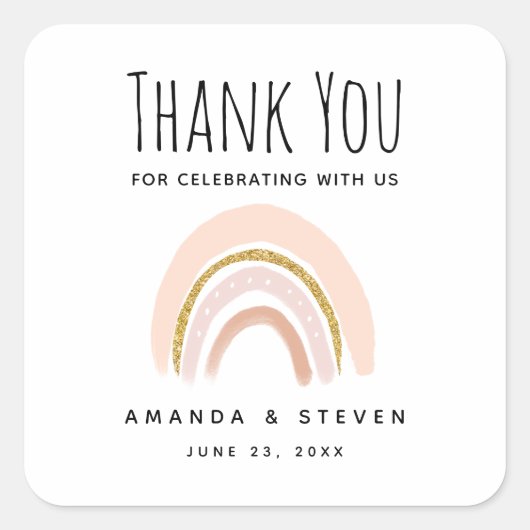 Pastel Pink & Imitate Glitzer Boho Rainbow Wedding Quadratischer Aufkleber (Vorderseite)