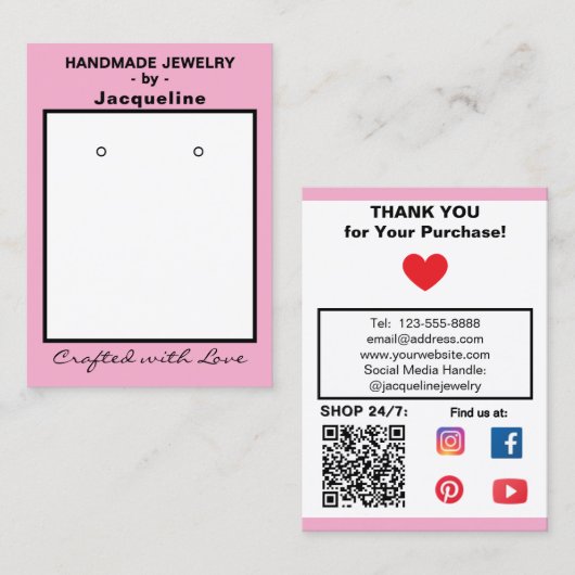 Pastel Pink Jewelry Earrings Social QR Code Visitenkarte (Vorne/Hinten)