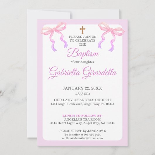 Pastel Pink & Lavender Ombre Bow Baptism Einladung (Vorderseite)