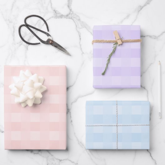 Pastel Pink Lila Blue Gingham Kariertes Muster Geschenkpapier Set (Vorderseite)