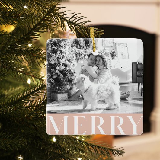 Pastel Pink Merry & Family Foto Happy Holiday Keramikornament