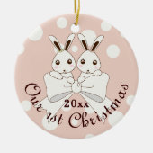 Pastel Pink Niedlich Bunny Twin Girl Keramik Ornament (Vorne)