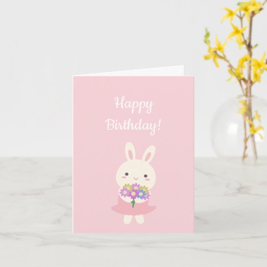 Pastel Pink Niedlich Kawaii Bunny Kids Happy Gebur Karte (Gelbe Blume)